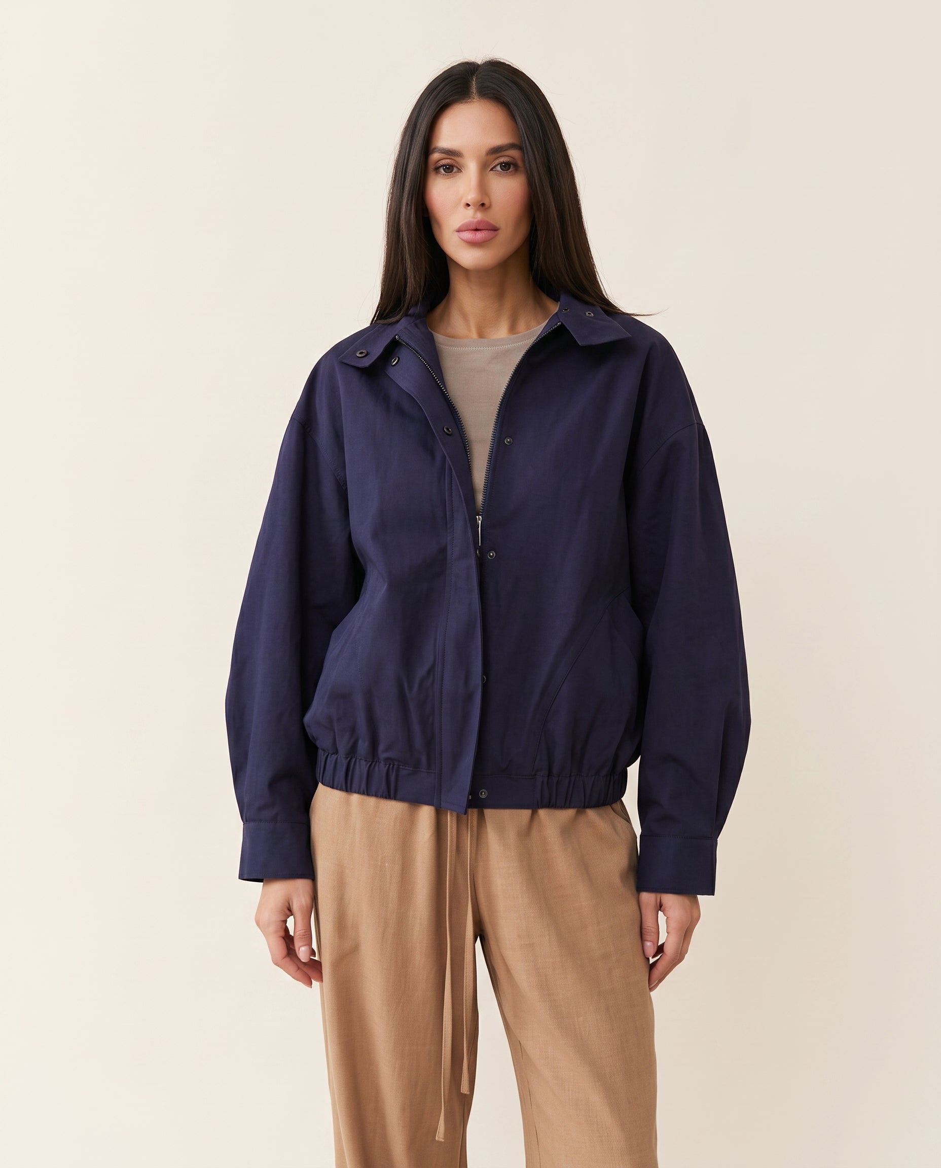 Navy dropped shoulder cotton jacket, front view