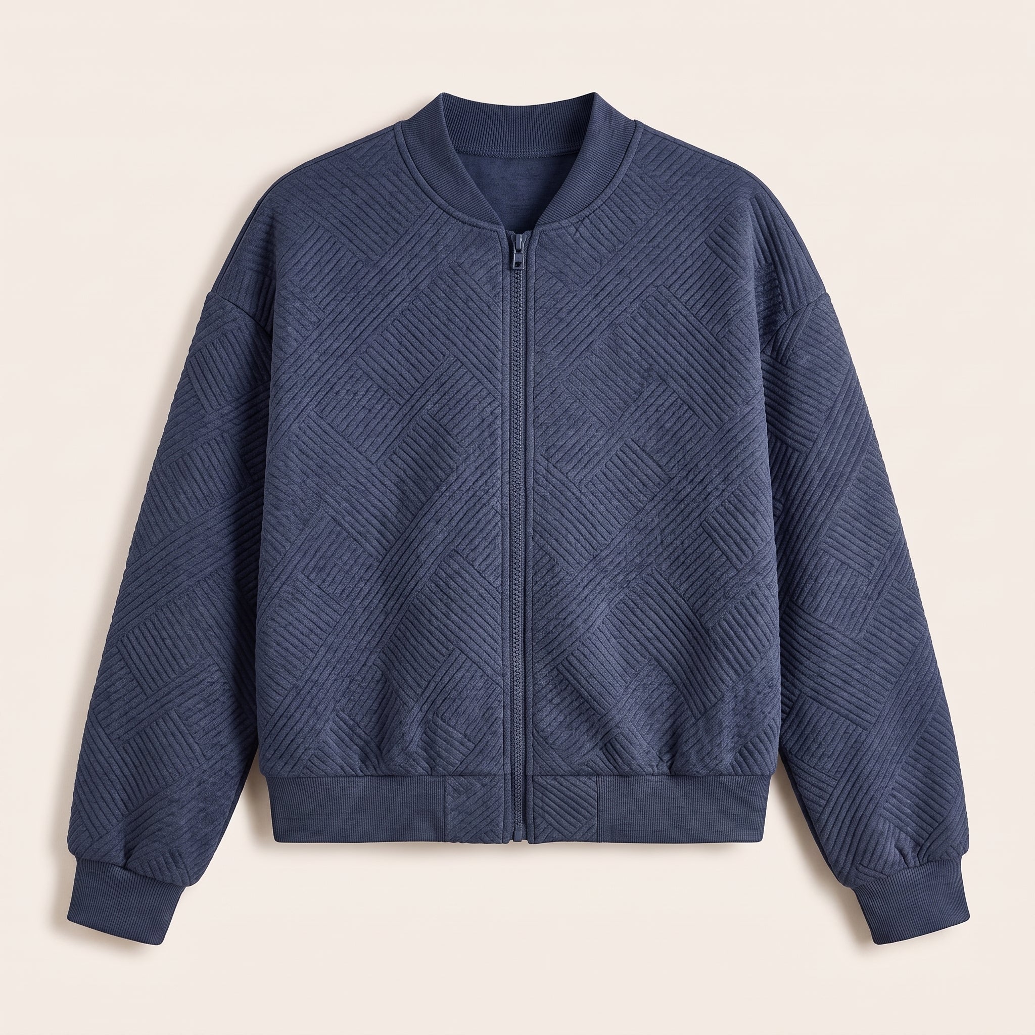 Navy textured knit zip-up jacket, front view