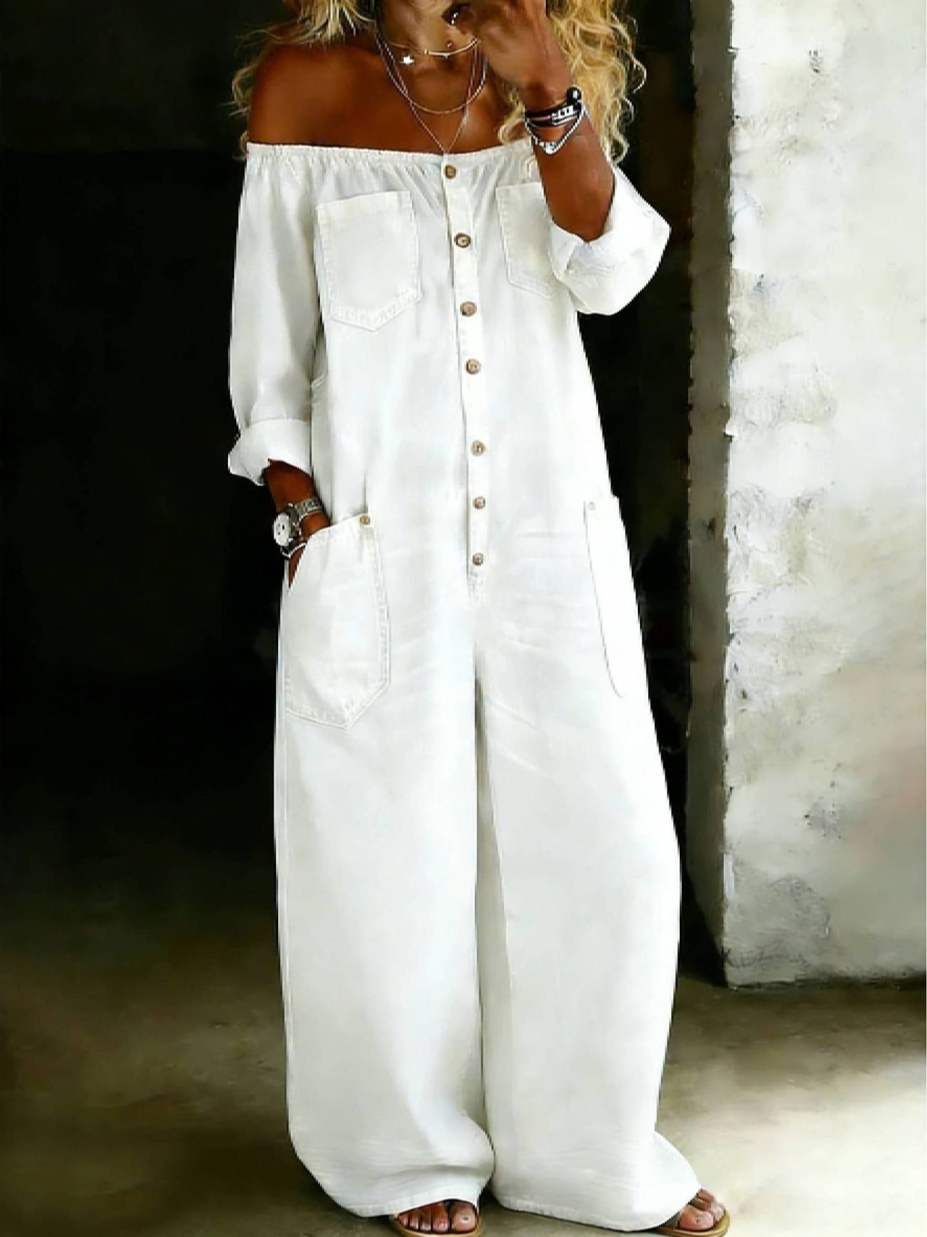 White off-shoulder wide-leg jumpsuit - front view