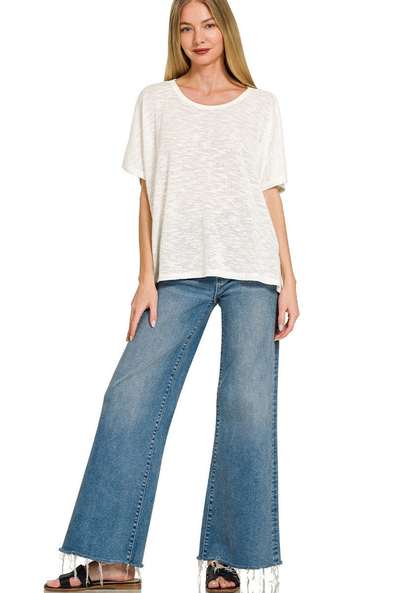 White oversized slub knit top - front view