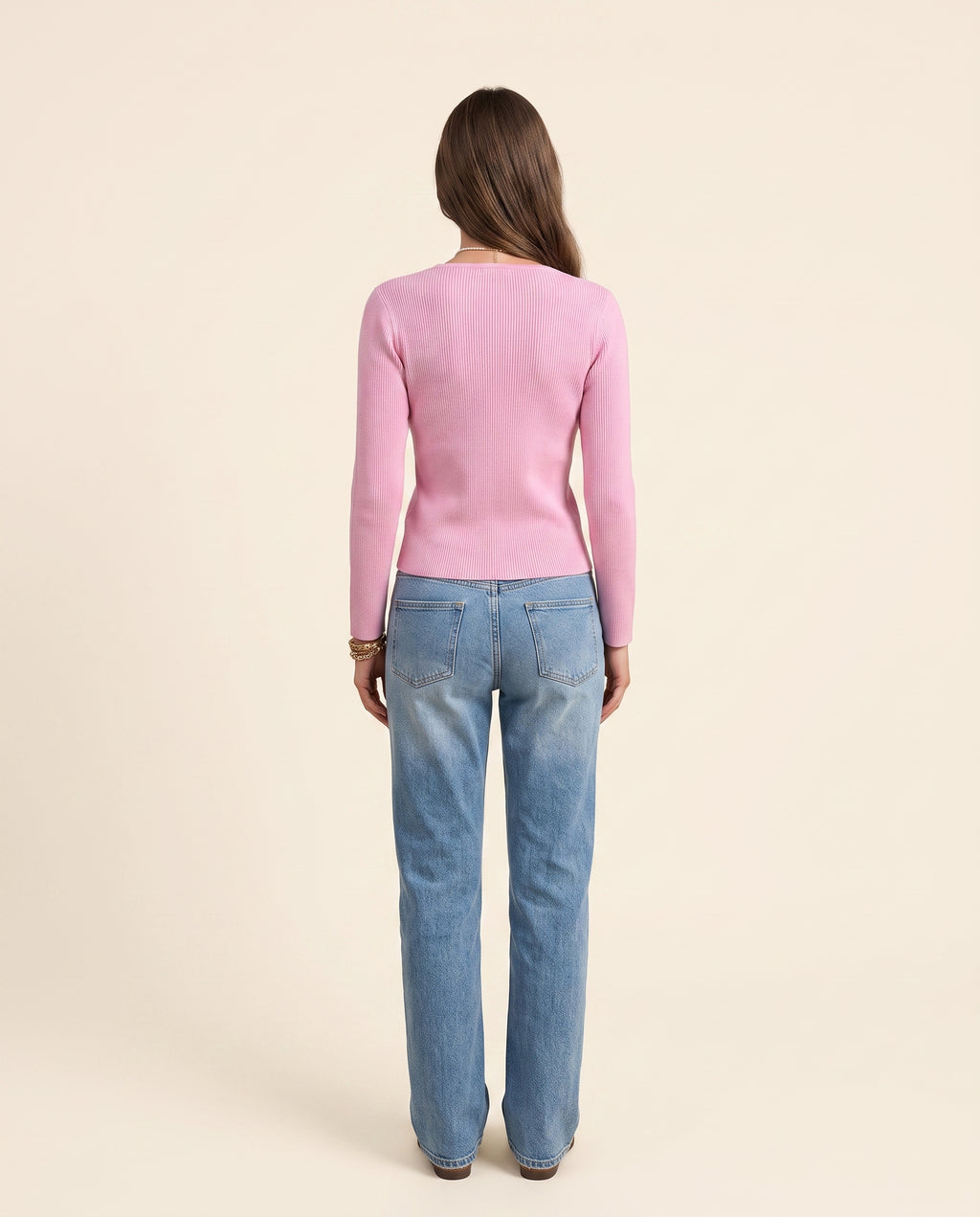 Pink button up long sleeves cardigan, back view