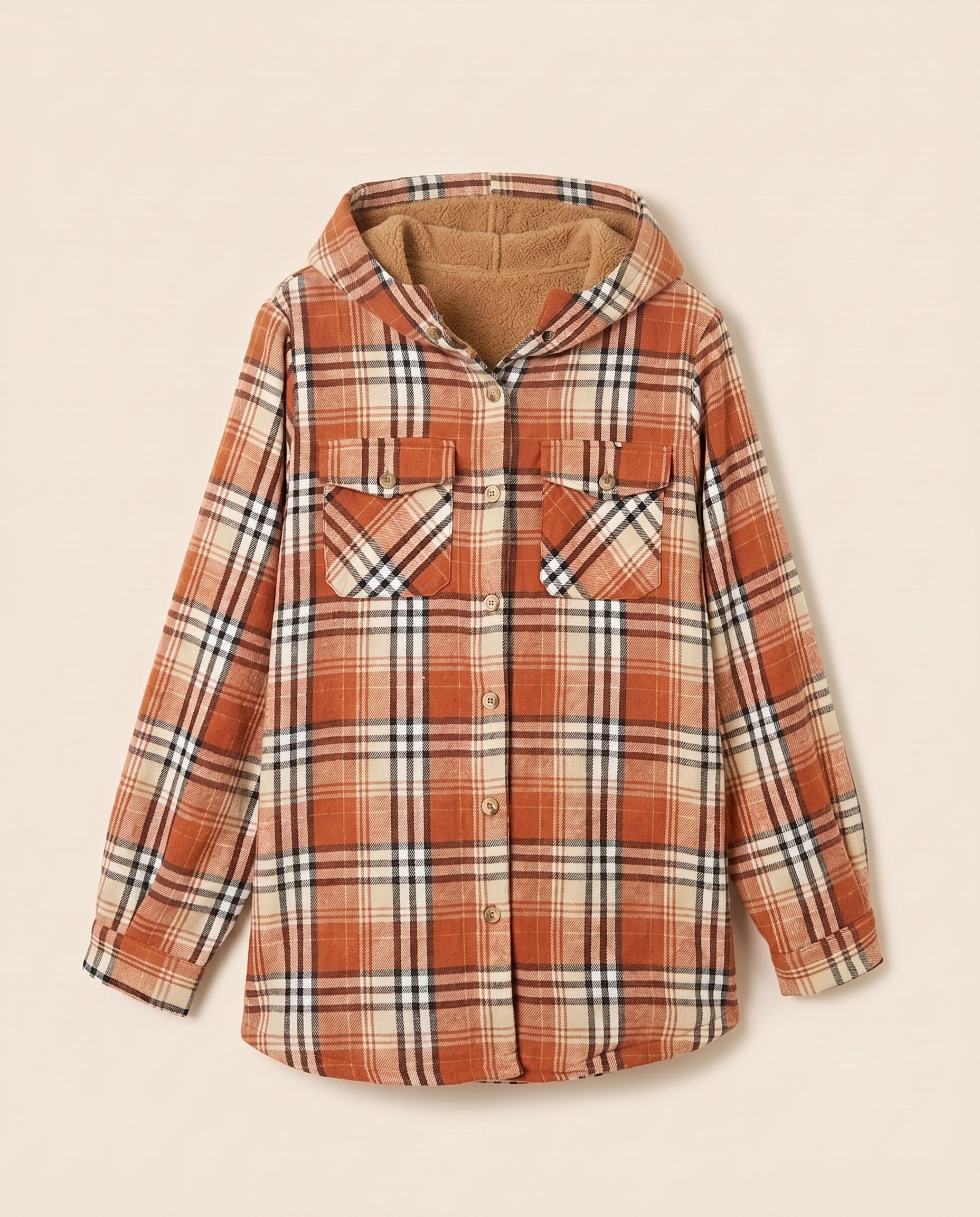 Multicolor plaid button-up shacket with sherpa-lined hood, worn open over a cream sweater