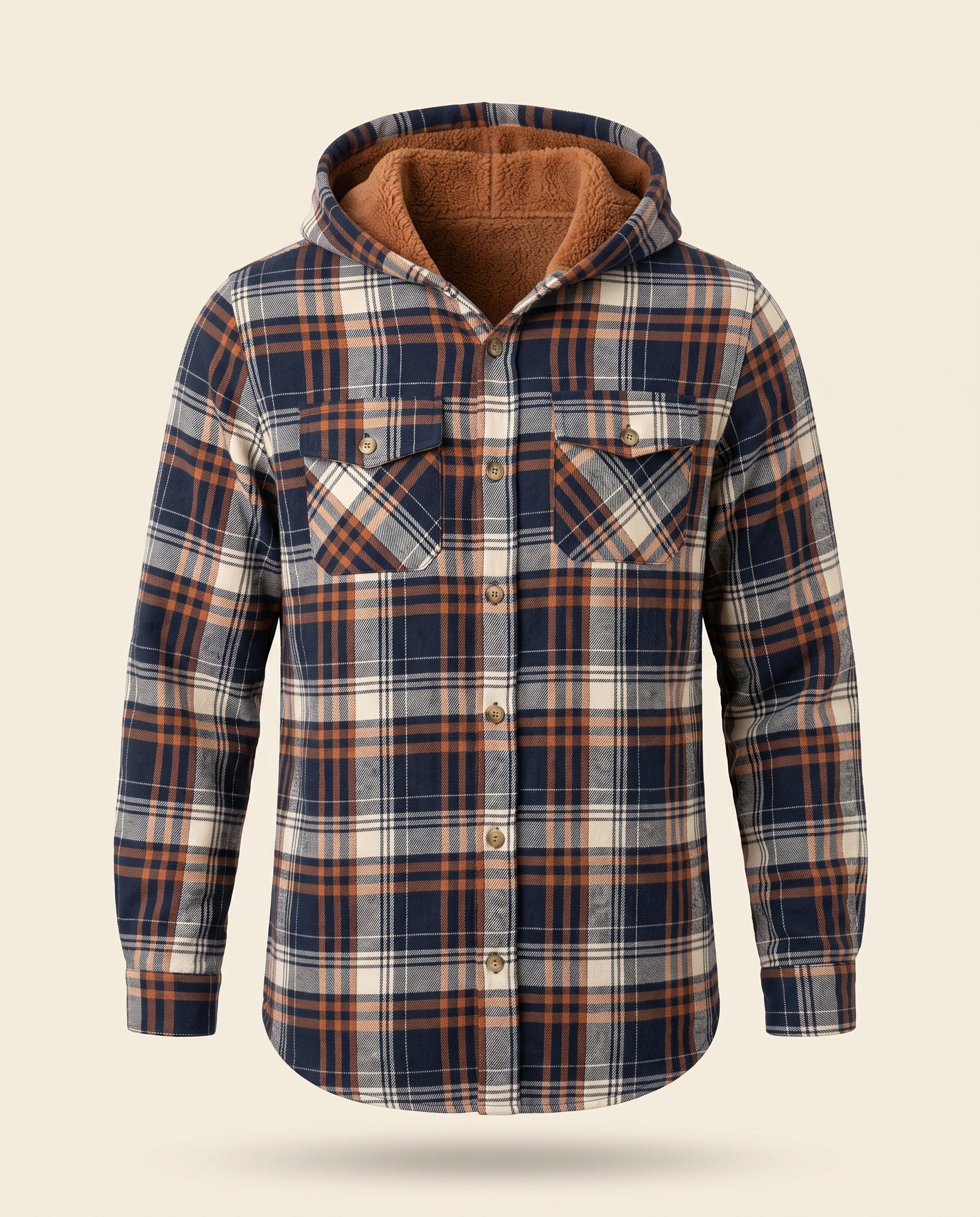 Multicolor plaid button-up shacket with sherpa-lined hood, worn open over a cream sweater