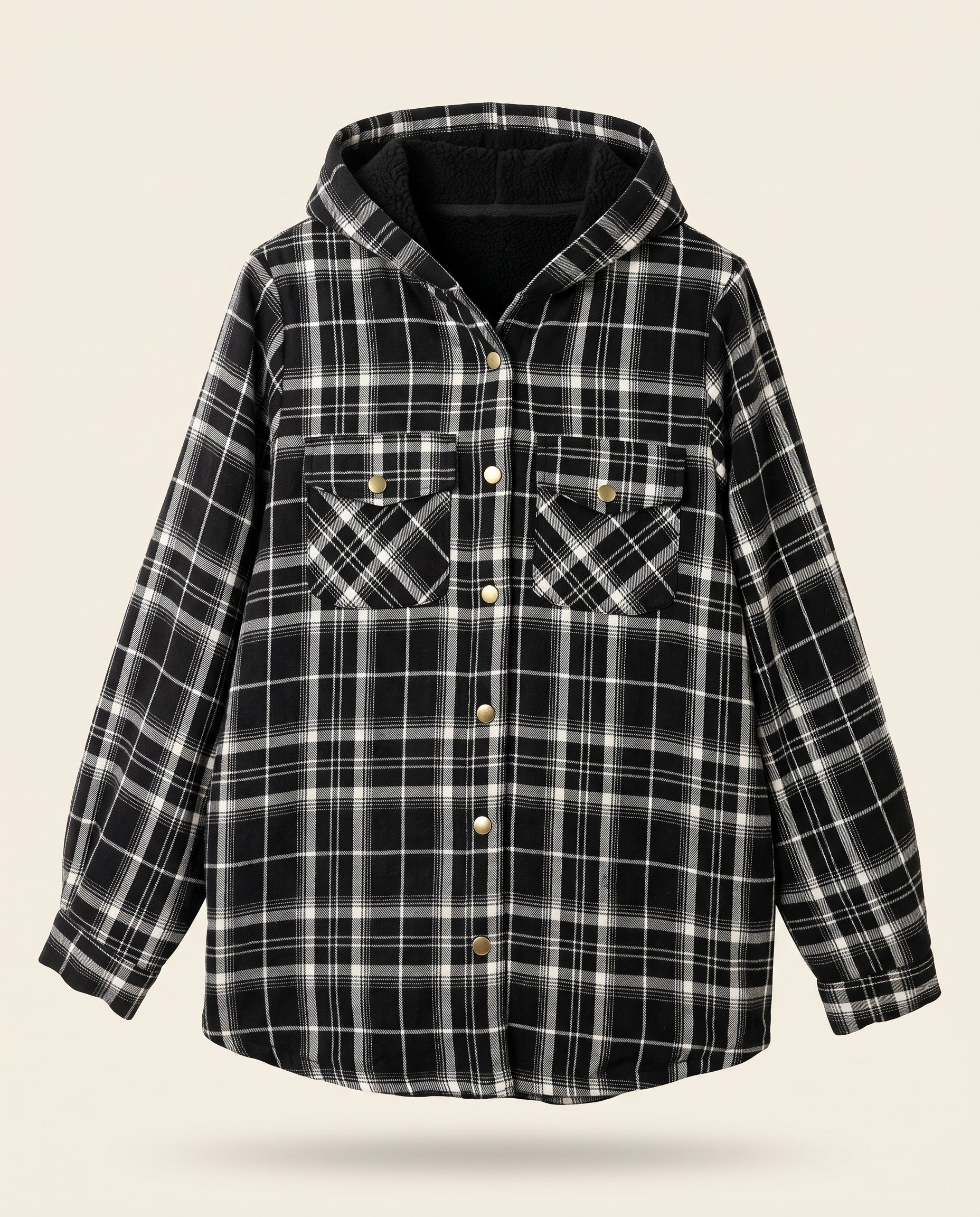 Multicolor plaid button-up shacket with sherpa-lined hood, worn open over a cream sweater