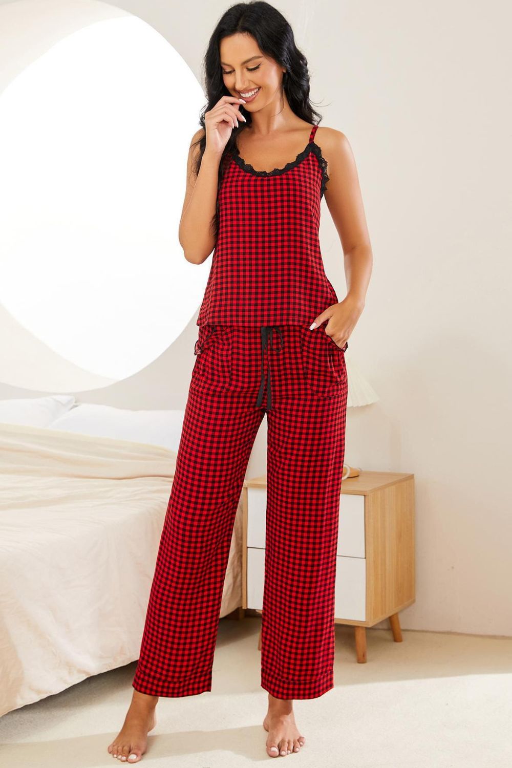 Red plaid lace trim cami top and drawstring pants pajama set