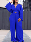 Royal Blue Pleated Crop Top and Wide Leg Pants Set
