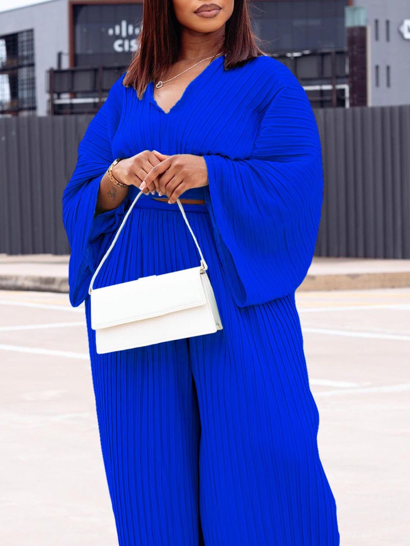 Royal Blue Pleated Crop Top and Wide Leg Pants Set