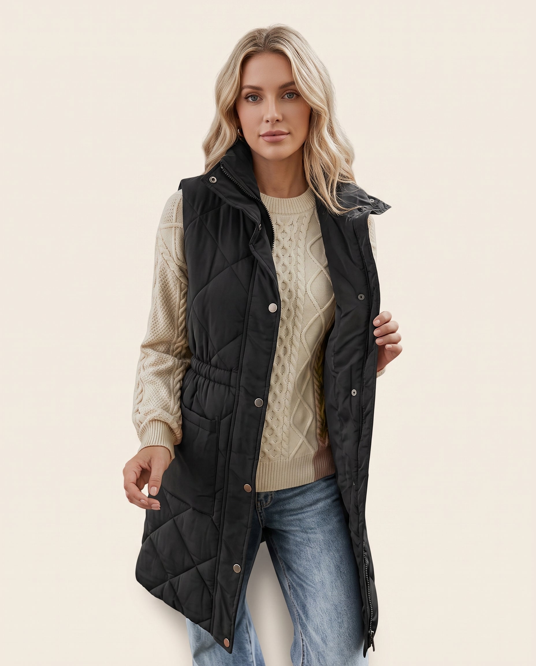 Black quilted zip vest coat