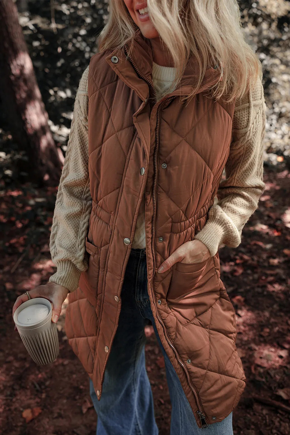 Brown quilted zip vest coat