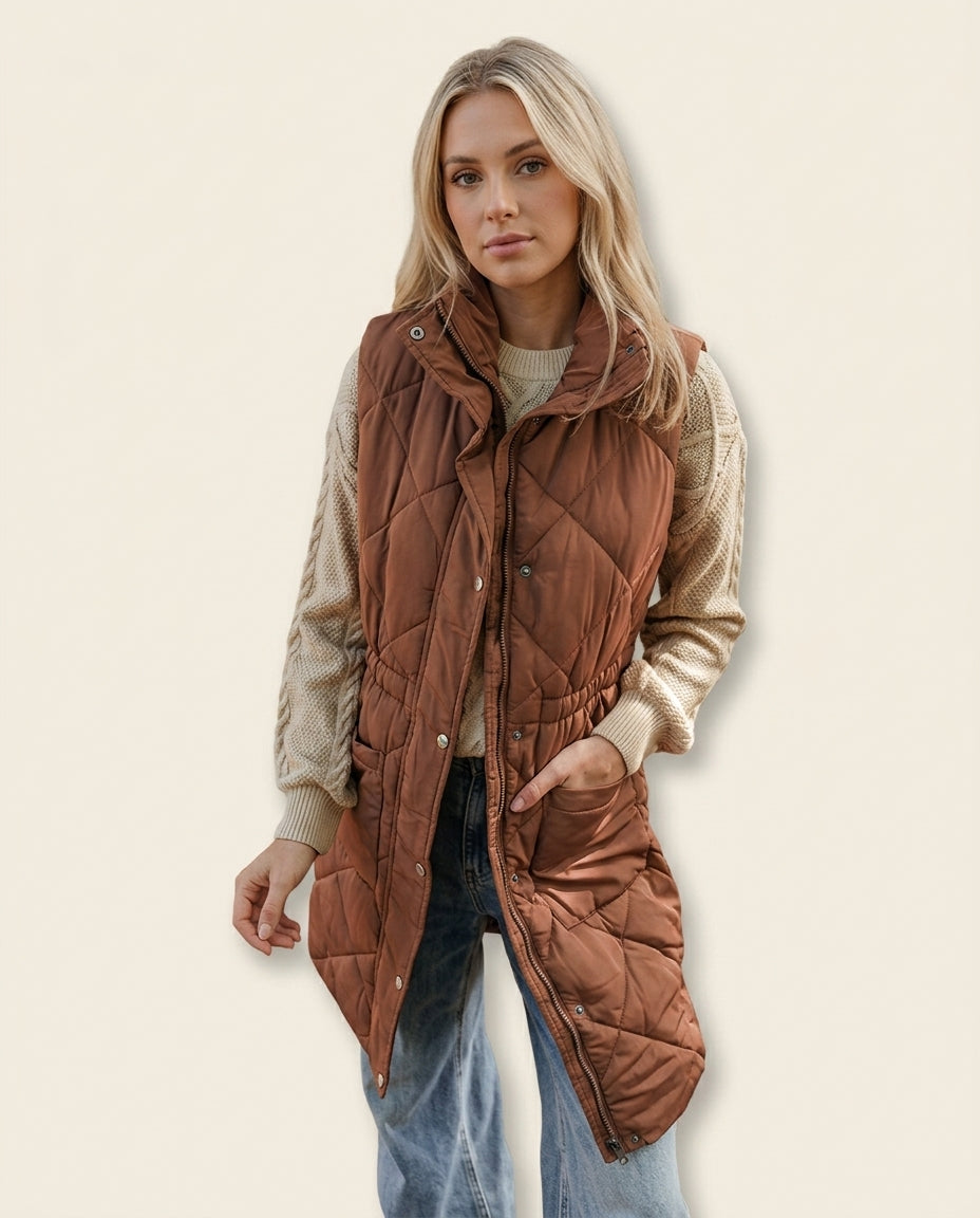 Brown quilted zip vest coat