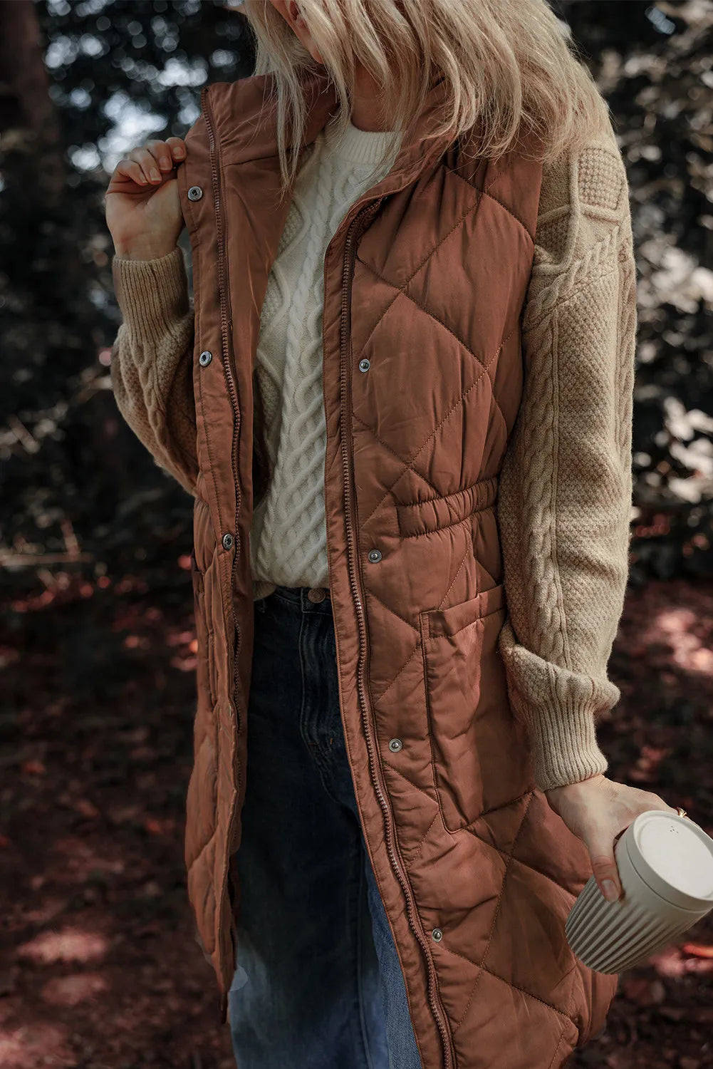 Brown quilted zip vest coat