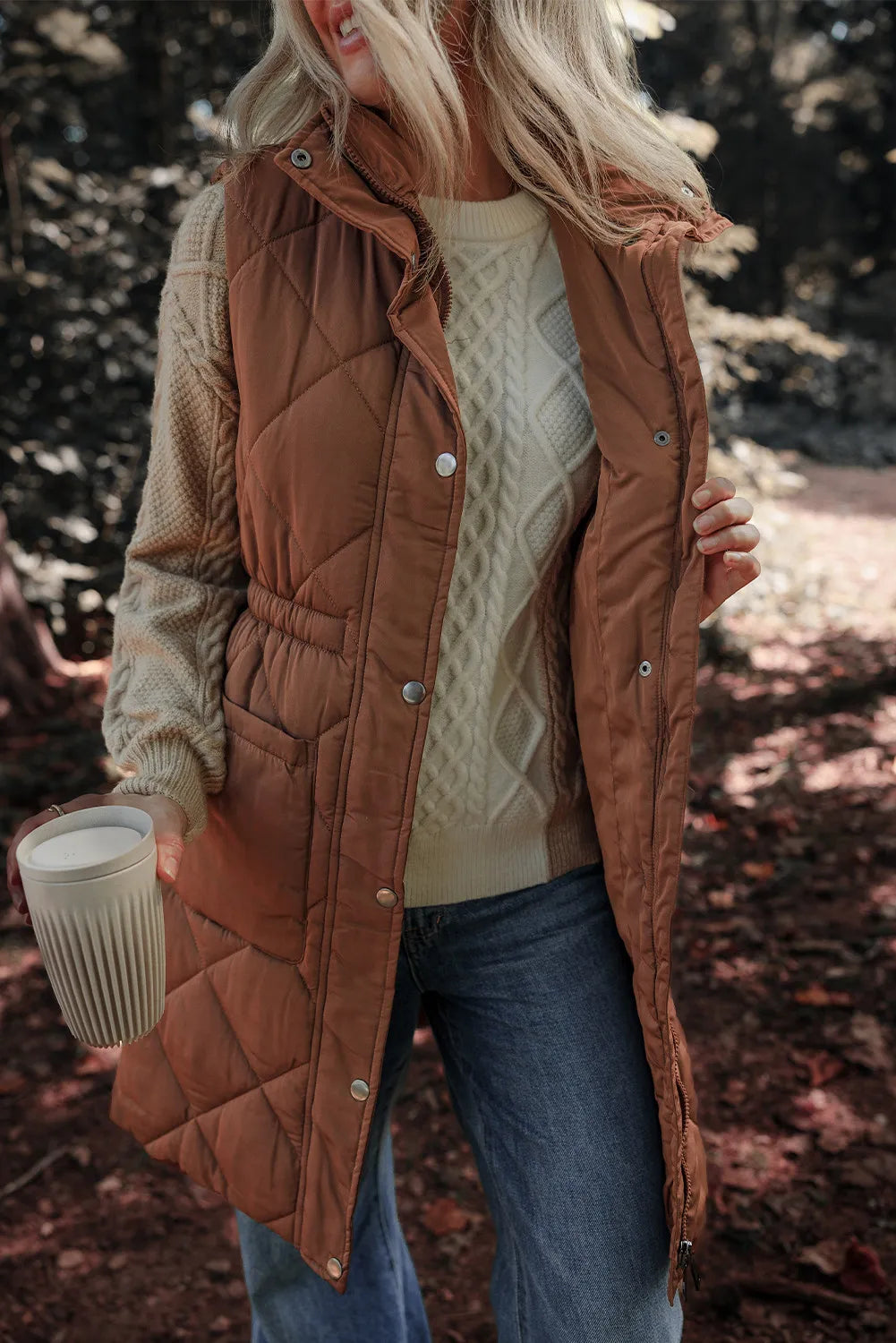 Brown quilted zip vest coat