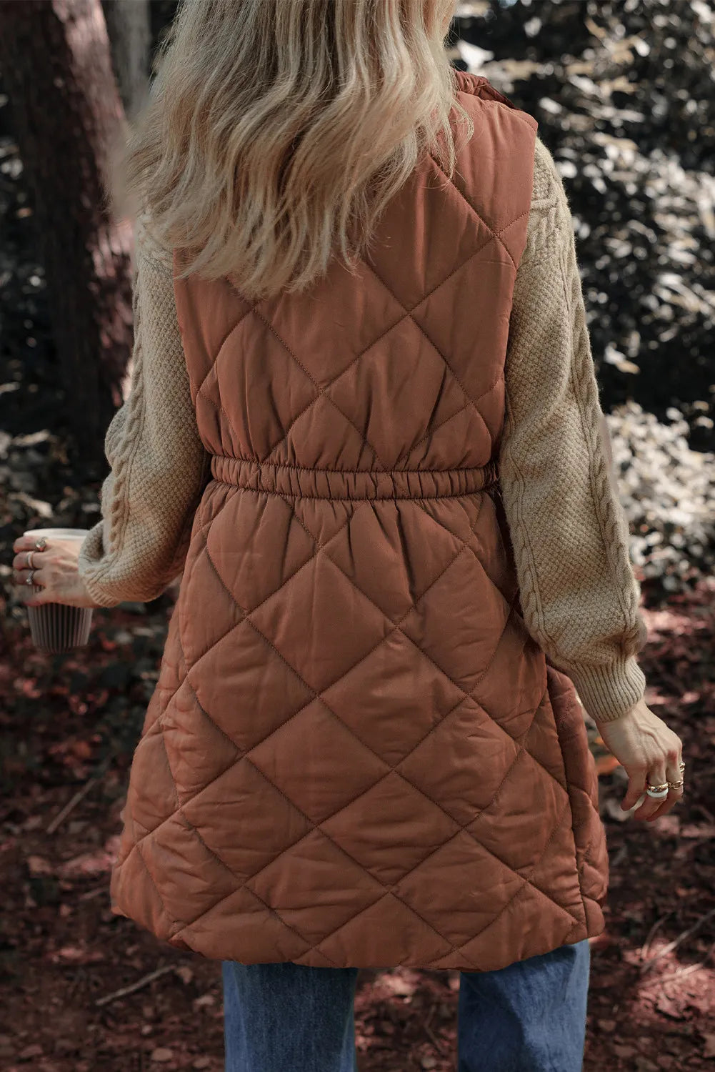 Brown quilted zip vest coat