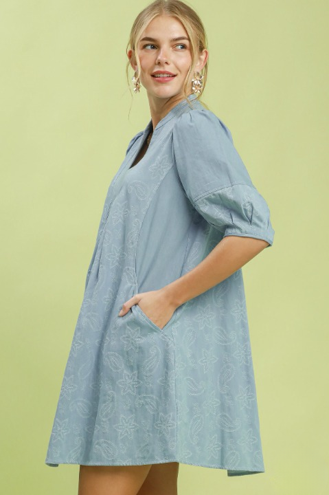 Print denim dress with contrast stitch in light denim