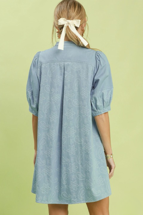 Print denim dress with contrast stitch in light denim