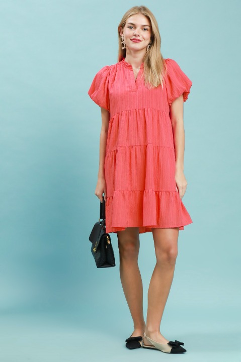 Puff sleeve tiered babydoll dress in coral