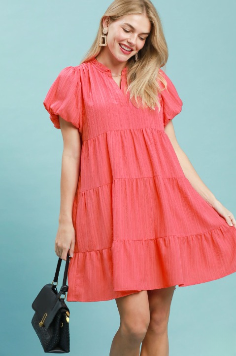 Puff sleeve tiered babydoll dress in coral