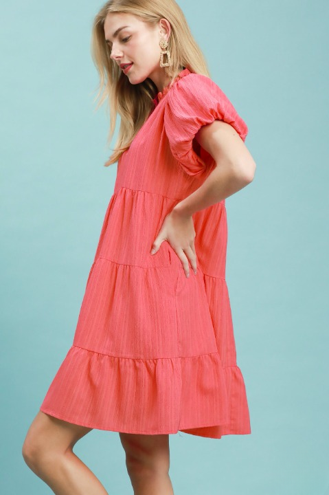 Puff sleeve tiered babydoll dress in coral