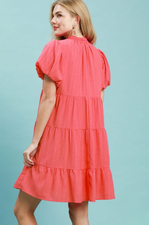 Puff sleeve tiered babydoll dress in coral