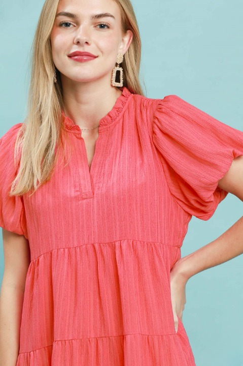 Puff sleeve tiered babydoll dress in coral