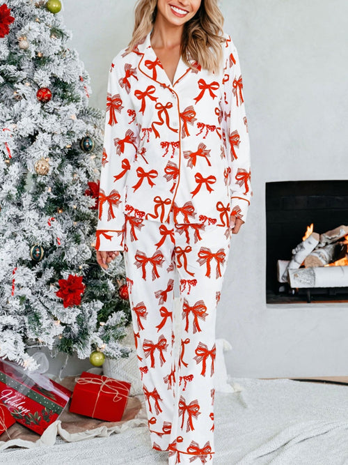 Red bow print pajama top and pants set