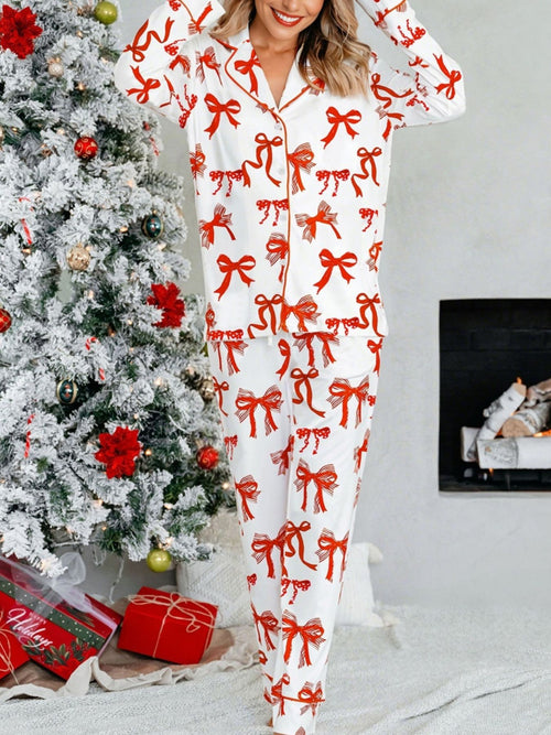 Red bow print pajama top and pants set