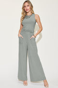 Gray ribbed tank and wide leg pants set - front view