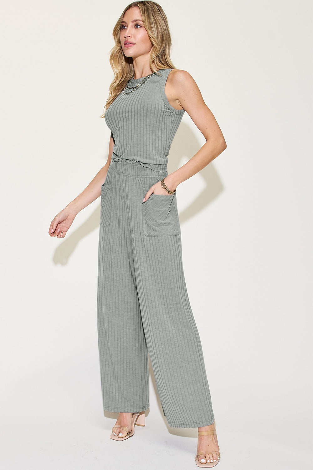 Gray ribbed tank and wide leg pants set - side view