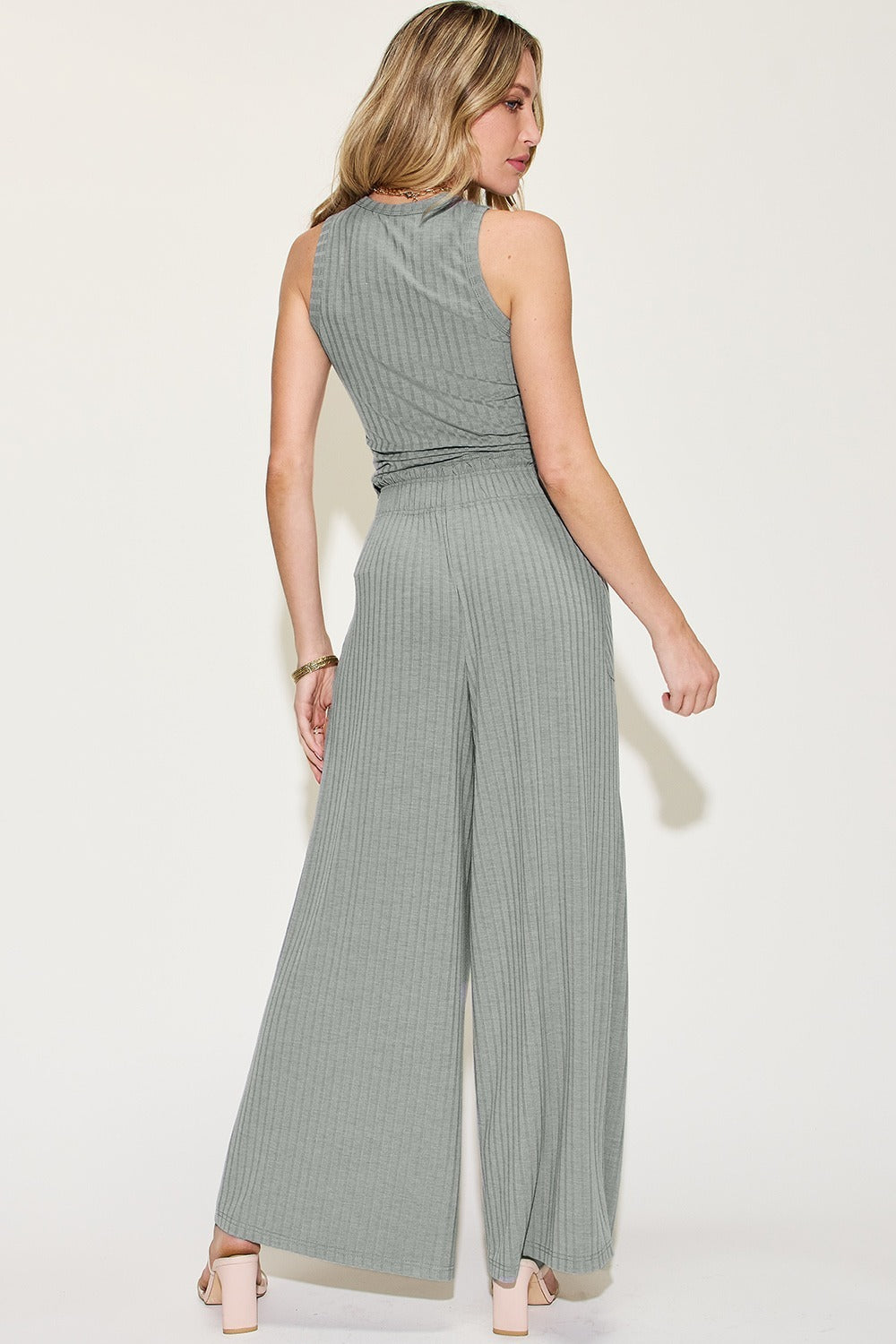 Gray ribbed tank and wide leg pants set - back view