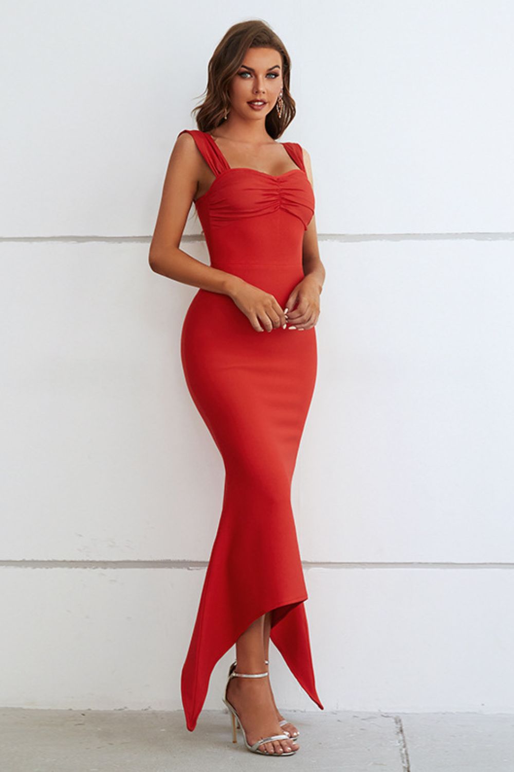 Red ruched sweetheart neckline midi dress with hem detail - Lilagrey
