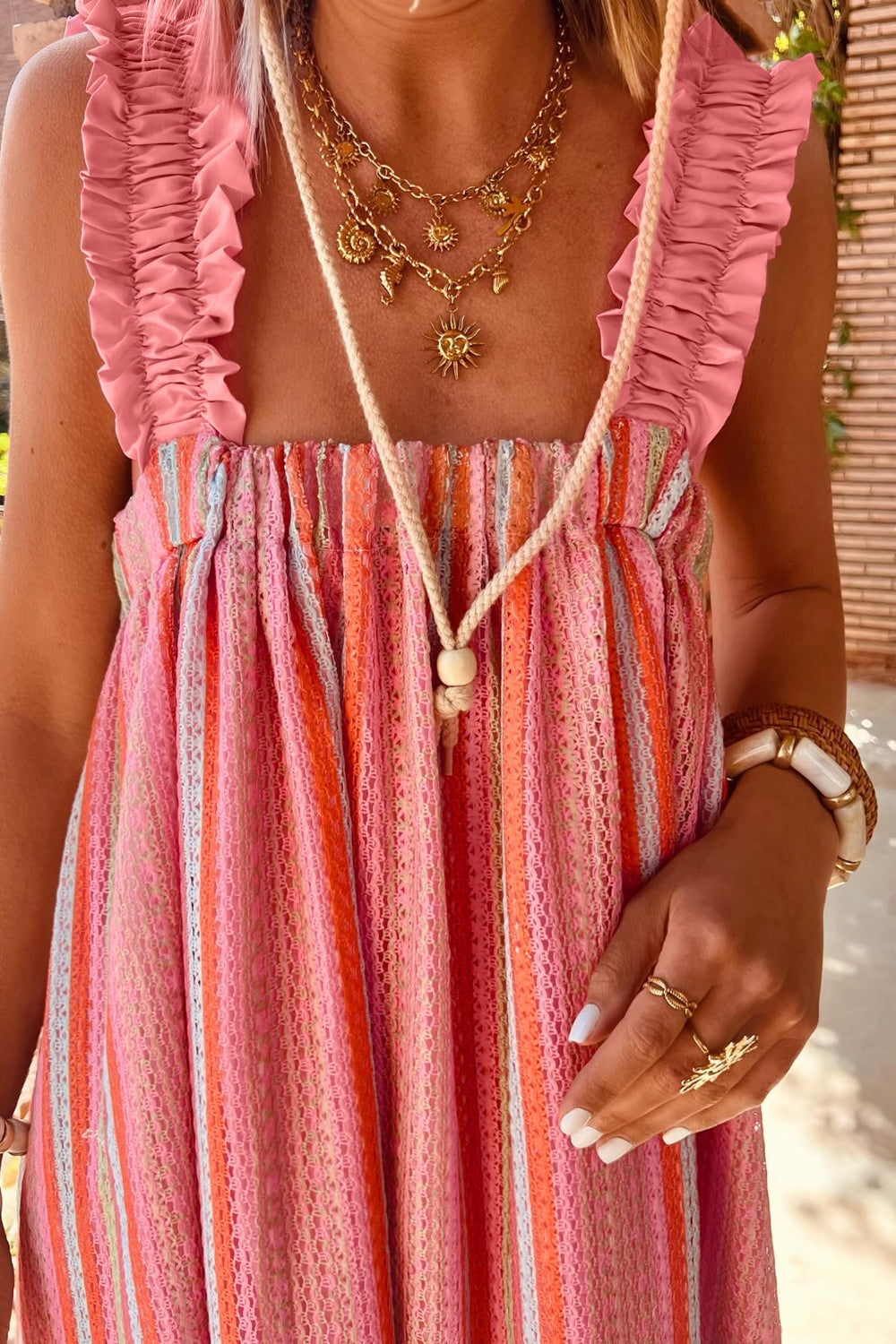 Ruffled ribbon knot spaghetti strap maxi dress in pink, front view