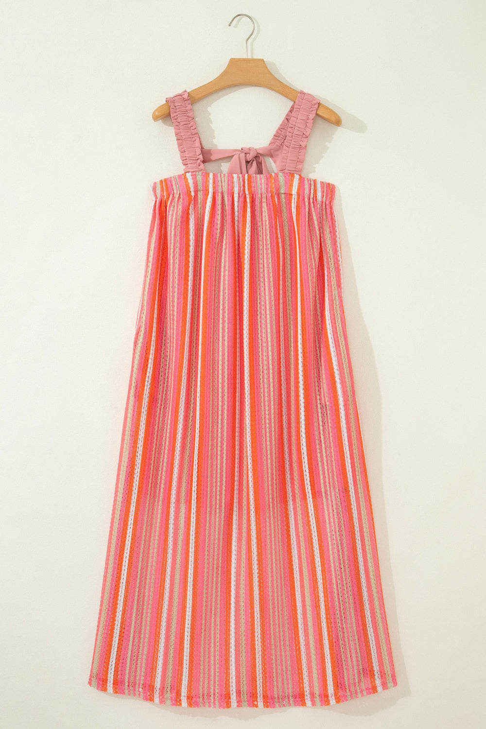 Ruffled ribbon knot spaghetti strap maxi dress in pink, detail view