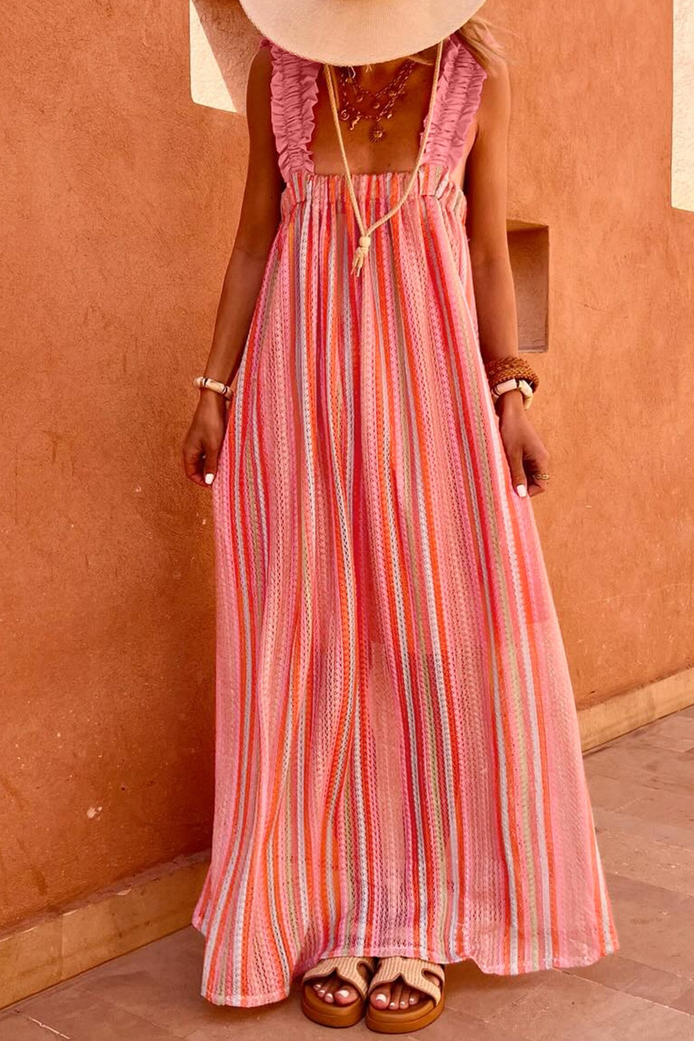 Ruffled ribbon knot spaghetti strap maxi dress in pink, front view