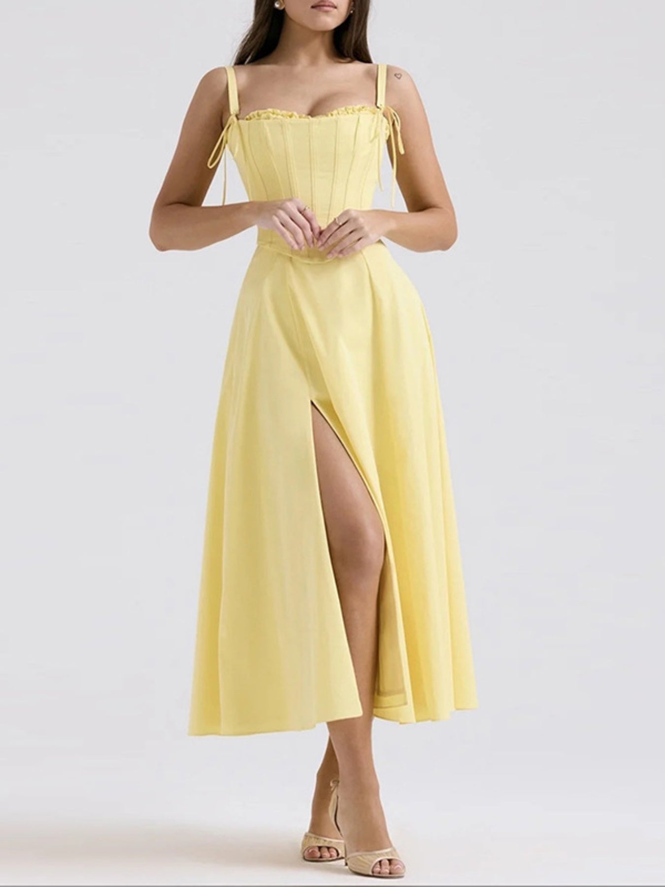 Yellow slit sleeveless midi dress with corset bodice