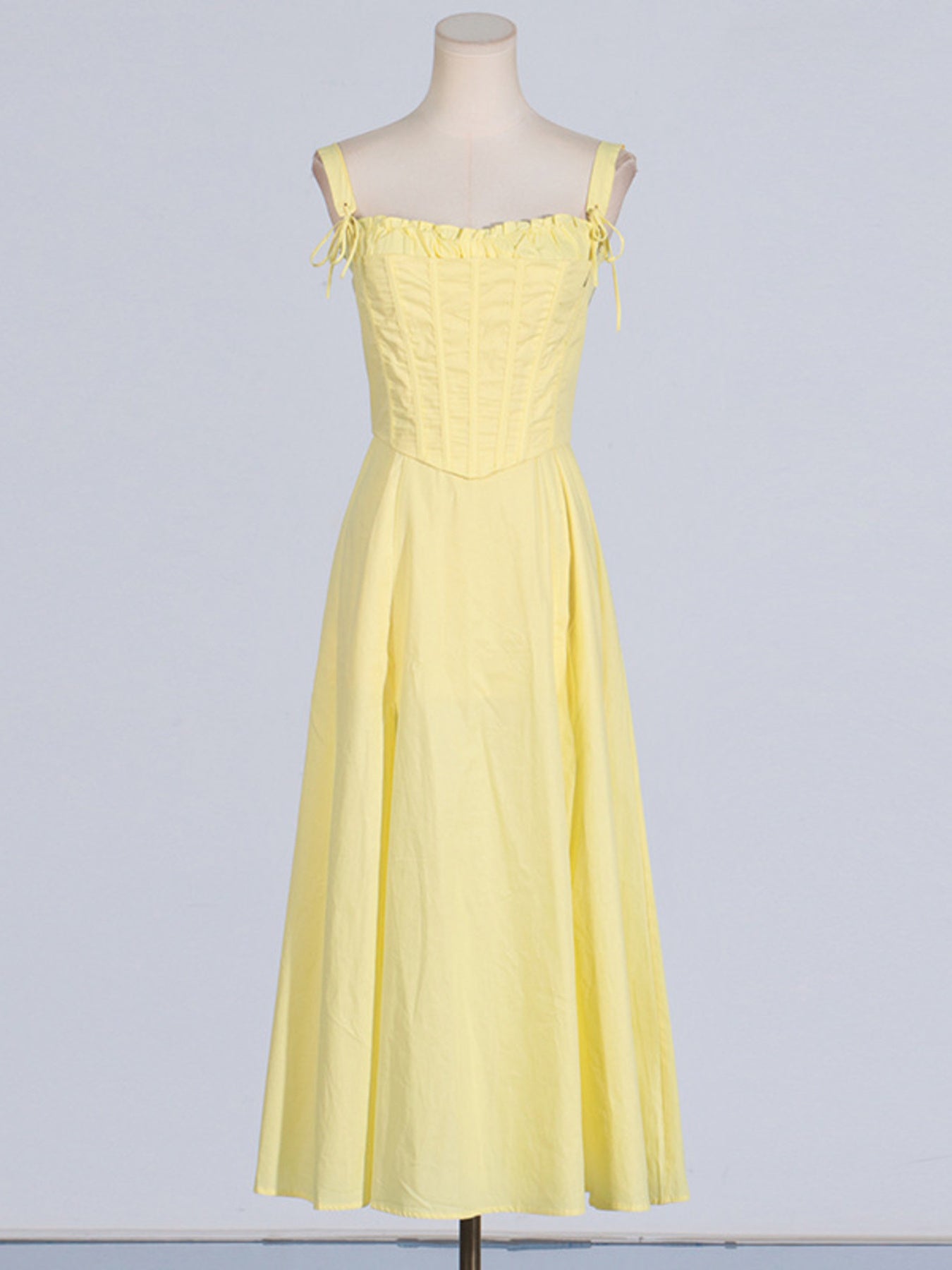 Yellow slit sleeveless midi dress with corset bodice