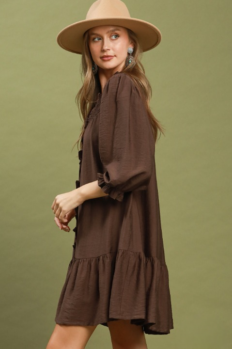 Chocolate smocked tiered mini dress - side view