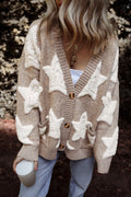 Mocha cardigan with cream star pattern and button-up front, long sleeves