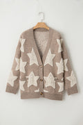 Mocha cardigan with cream star pattern and button-up front, long sleeves