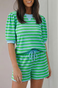 Green Stripe Colorblock Puff Sleeve Top and Shorts Set