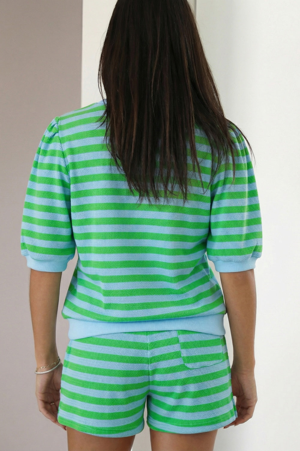 Green Stripe Colorblock Puff Sleeve Top and Shorts Set