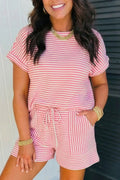 Dusty pink stripe knit short set, worn front view