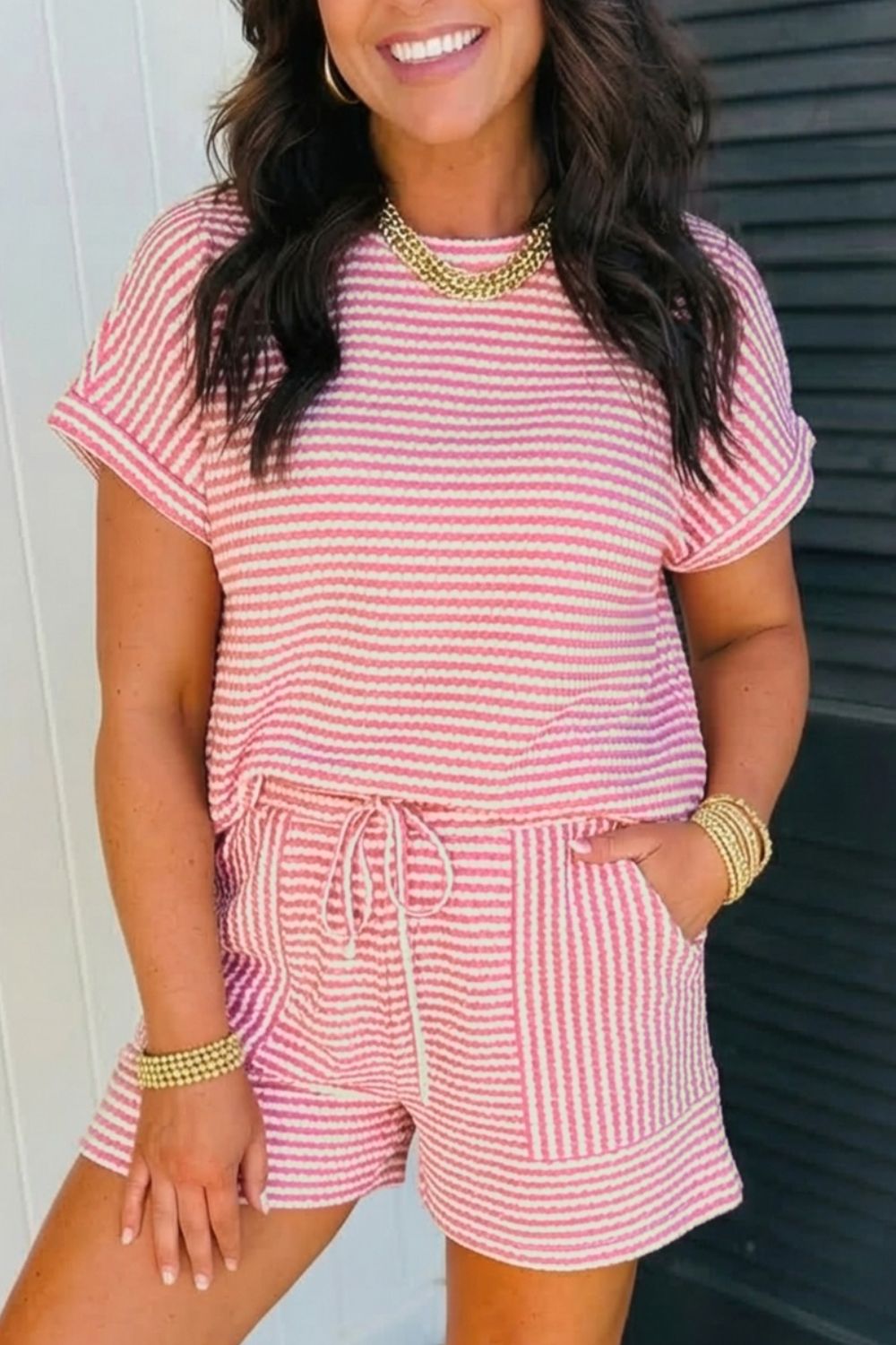 Dusty pink stripe knit short set, worn front view