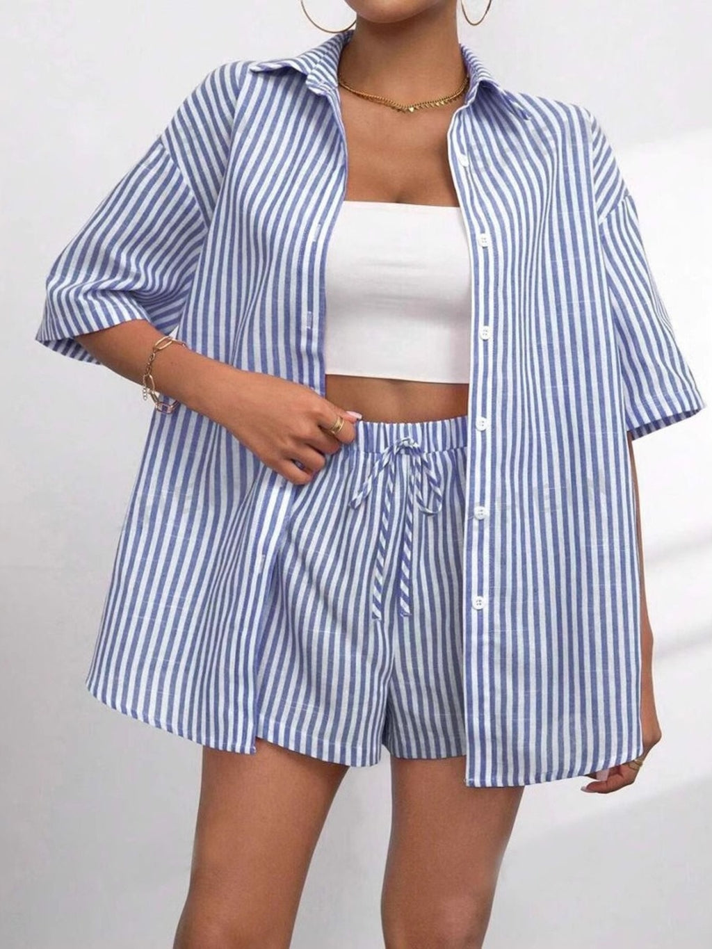Light Blue Striped Button-Up Shirt and Shorts Set