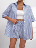 Light Blue Striped Button-Up Shirt and Shorts Set