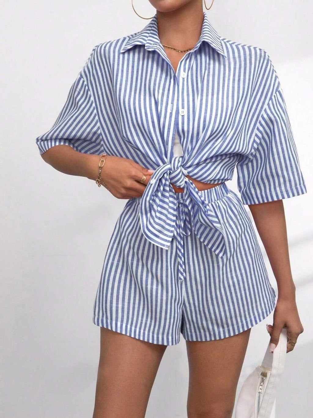 Light Blue Striped Button-Up Shirt and Shorts Set