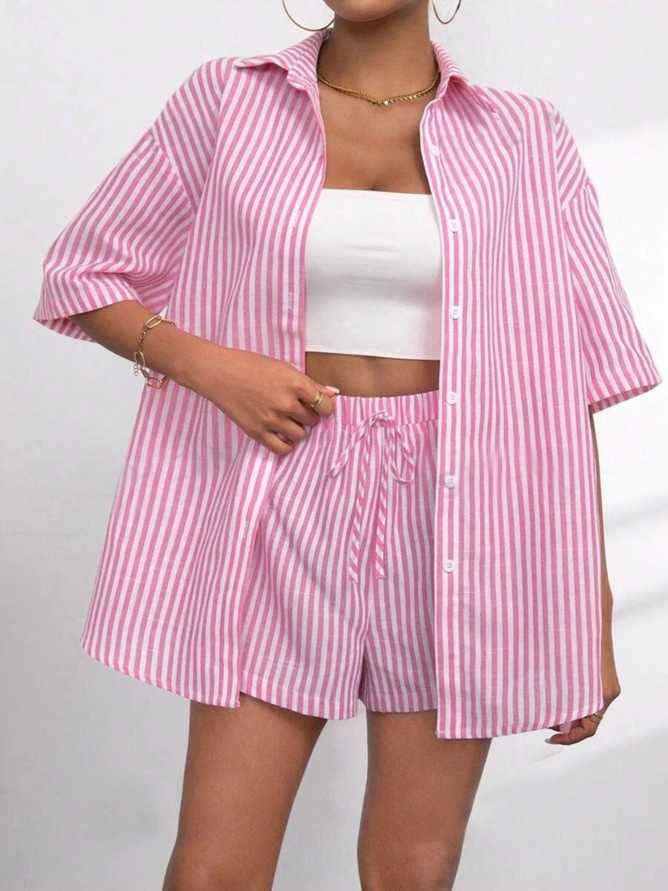 Pink Striped Button-Up Shirt and Shorts Set