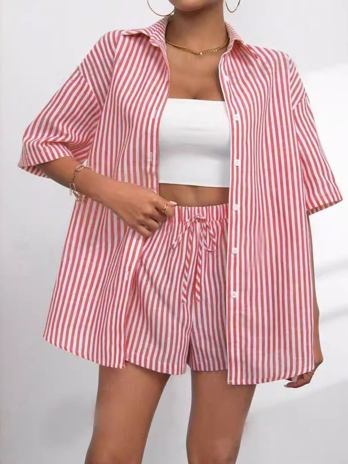 Red Striped Button-Up Shirt and Shorts Set