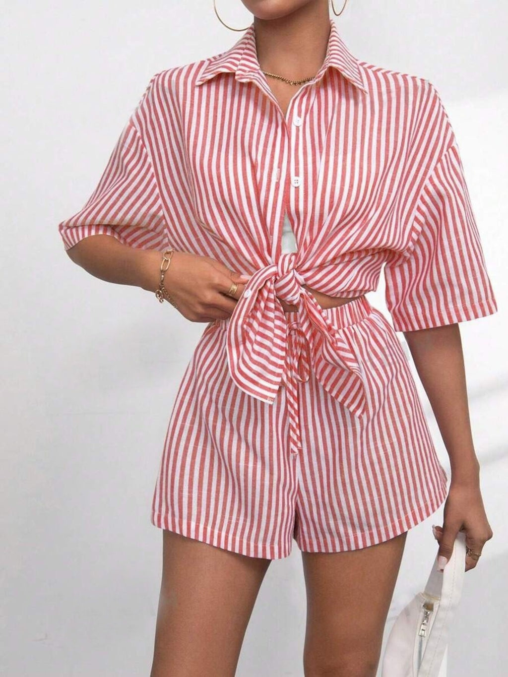 Red Striped Button-Up Shirt and Shorts Set
