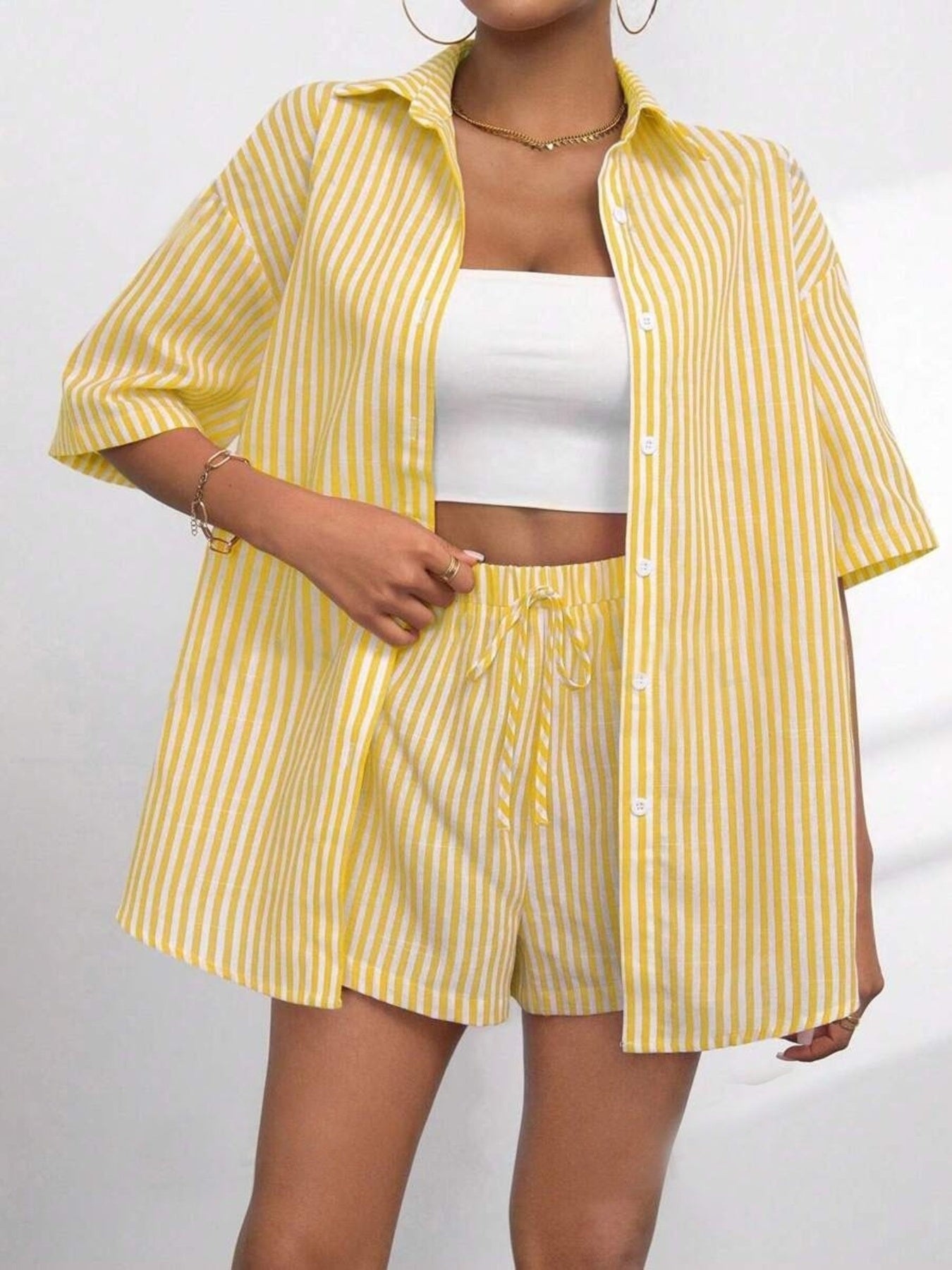 Yellow Striped Button-Up Shirt and Shorts Set