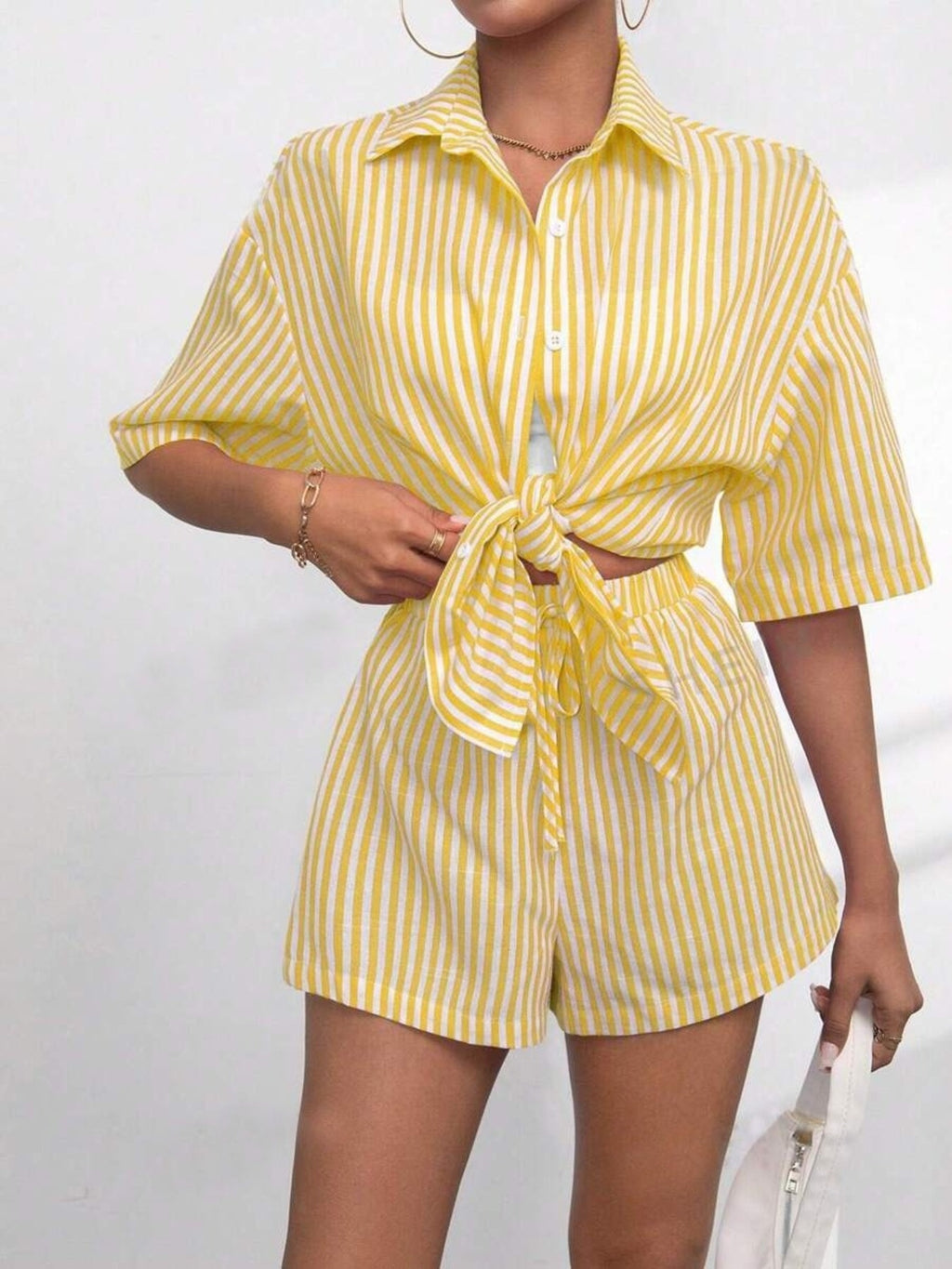 Yellow Striped Button-Up Shirt and Shorts Set